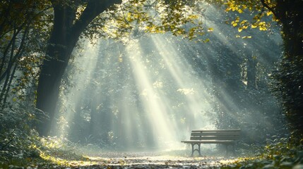 Poster - Serene forest scene with sun rays illuminating a wooden bench in a tranquil park landscape evoking peace and quietude amidst natural beauty and peaceful atmosphere