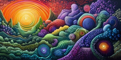 Poster - Colorful Abstract Landscape with Spirals and Vibrant Sun Rays
