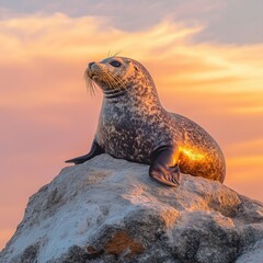 Poster - Serene harbor seal basking in golden sunset light on rocky outcrop coastal wildlife photography