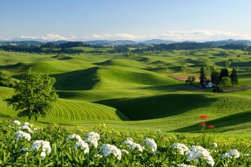 Aufkleber - Serene palouse landscape with rolling green hills blossoming spring flowers and farm house under blue sky