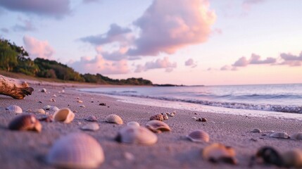 Poster - Seashells on Sandy Beach Landscape with Calm Ocean Waves at Sunset in Pastel Colors Tranquil Nature Seascape