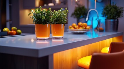 Poster - Serene kitchen island adorned with vibrant potted plants and fresh citrus fruits creating a modern and inviting atmosphere with warm lighting