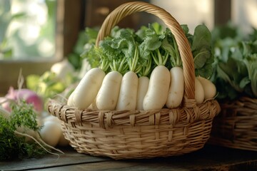 Sticker - Fresh white radishes with green leaves in wicker basket on rustic wooden table