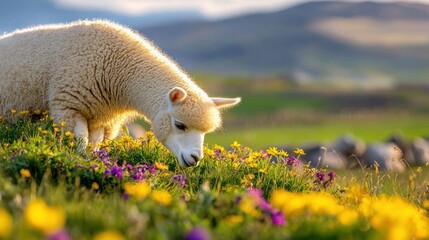 Aufkleber - Serene alpaca grazing among vibrant wildflowers in a lush meadow against a backdrop of rolling hills bathed in soft golden light