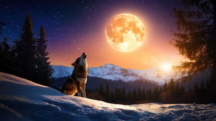 Poster - Majestic wolf howling at the super moon in a serene winter landscape with snow covered mountains and starry sky creating a magical and peaceful atmosphere