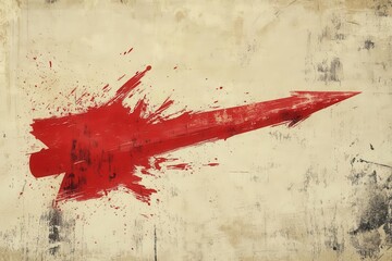 Wall Mural - hand-drawn red arrow soaring upward on weathered parchment, bold crimson streaks contrast muted beig
