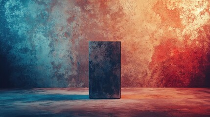 Poster - Abstract geometric display platform with textured backdrop in blue and orange tones for product showcase and artistic presentation