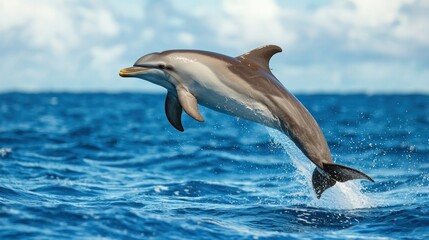 Poster - Captivating dolphin leaps gracefully from the ocean depths creating a splash against a serene sky marine life aquatic beauty