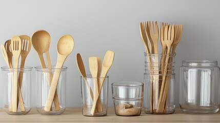 Poster - Rustic Aesthetic Wooden Utensils in Glass Jars Kitchen Still Life Neutral Background Minimalist Scene Interior Setting