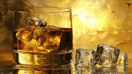 Aufkleber - Golden liquid in transparent glass with ice cubes on glossy surface against golden background luxury photo