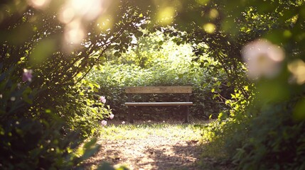 Poster - Captivating Sunlight in a Lush Green Archway Framing a Tranquil Wooden Bench in a Peaceful Garden