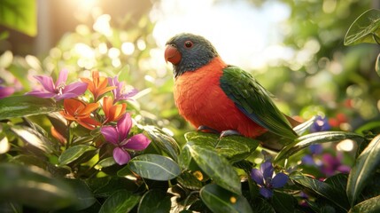 Poster - Vibrant Parrot Amidst Lush Foliage and Colorful Blossoms in a Sunlit Tropical Garden Setting with Artistic Flair