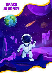 Poster - Cartoon astronaut in outer space on planet surface. Starry galaxy vector landscape of alien world with fantasy space planets, Earth and stars, spaceman character, asteroids and meteors