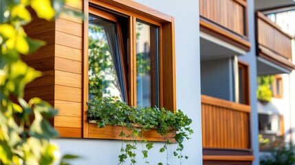 Poster - Charming Window Box with Lush Greenery Adorning a Modern Apartment Building Facade in Warm Sunlight