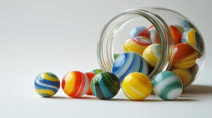 Aufkleber - Colorful Marbles Spill from Glass Jar Creating a Playful Scene on White Background Bright Colors and Smooth Texture Evoke Nostalgia and Joy