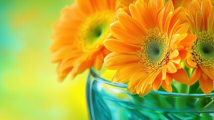 Aufkleber - Vibrant orange gerbera daisies in a teal glass vase against a soft yellow and green background close up
