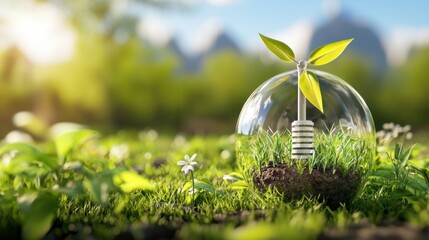 Poster - sustainable future concept with plant growing inside glass sphere in green field under bright sky an