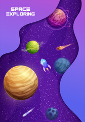 Poster - Paper cut space landscape of cartoon rocket, fantasy galaxy planets, stars and asteroids. Vector astronomy science and space exploration poster of alien world galaxy with papercut wavy frame border