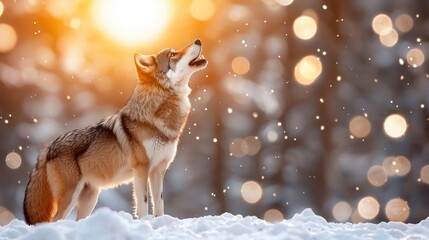 Poster - Majestic wolf howling at the sun in a snowy winter landscape with bokeh lights creating a magical atmosphere in nature