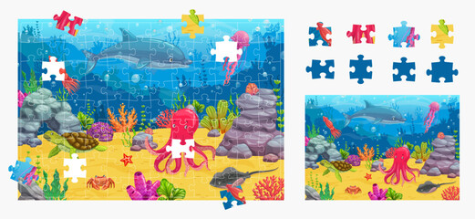 Poster - Cartoon sea underwater animals and landscape. Jigsaw puzzle game pieces. Piece match puzzle kids quiz vector worksheet with crab, octopus, starfish and turtle, jellyfish, dolphin sea animal characters