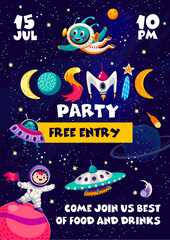 Poster - Cosmic party flyer. Cartoon funny space characters and starry galaxy background. Vector invitation poster with kid cosmonaut on planet with universe landscape, aliens and stars. Invite to music show