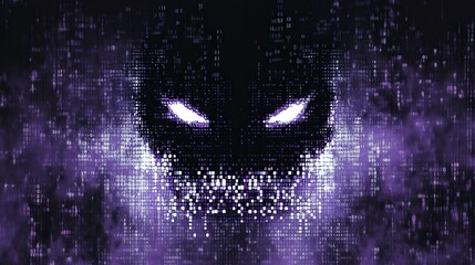 Poster - Mysterious Abstract Digital Face with Glowing Eyes in Purple Hues