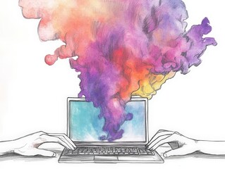 Poster - Creative Digital Art with Colorful Cloud Emanating from Laptop