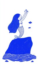 a whimsical blue illustration of a mermaid on a rock, joyfully reaching out with her arms, surrounde