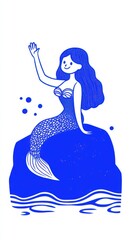 A whimsical blue illustration of a cheerful mermaid waving, sitting on a rock amidst bubbles and water.