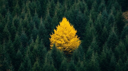 Canvas Print - Single yellow tree stands out in a dense evergreen forest.