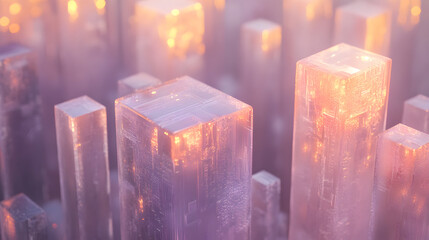 Poster - group of illuminated crystal blocks with colorful lights shining on them in a dark environment