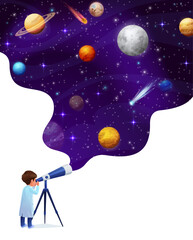 Poster - cartoon kid boy look through telescope to starry galaxy space with planets, vector poster. planetary