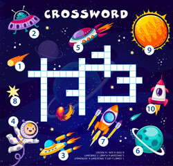 Poster - Crossword quiz game with space planets and characters. Vector word grid puzzle with cartoon astronaut and alien personages, UFO, spaceship, rocket, stars, comet and Sun, galaxy landscape background