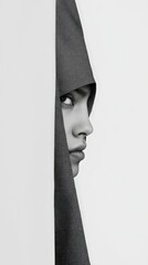 Poster - Intense Profile of a Woman Behind a Draped Fabric in Black and White