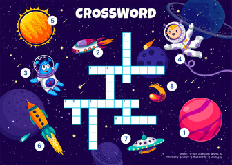Poster - Crossword quiz game grid, galaxy space vector worksheet with kids puzzle or word maze. Cartoon astronaut and alien characters in outer space with rocket, UFO, spaceship and comet, Sun star and planets