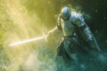 Wall Mural - luminous knight in radiant silver armor charging through a misty emerald forest, glowing sword raise