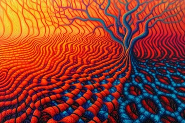 Poster - Abstract Vibrant Tree Texture in Warm Red and Blue Colors
