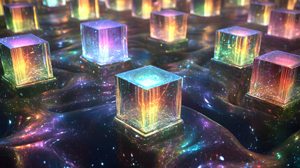 Poster - Group of colorful crystals displayed on a white surface with various shapes and sizes