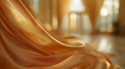 Poster - Soft Golden Fabric Draped in Bright Interior with Blurred Background