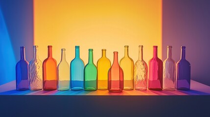 Poster - Row of Colorful Glass Bottles Illuminated by Vibrant Light Creates a Striking Visual Display Against a Gradient Backdrop