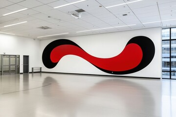 Poster - Bright Gymnasium Interior with Bold Red and Black Artistic Wall Design Creates a Dynamic Space
