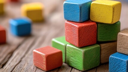 Aufkleber - Colorful wooden building blocks stacked on rustic wooden surface in a close up shot showcasing creativity and childhood learning with a shallow depth of field