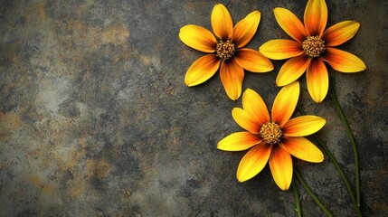 Aufkleber - Radiant yellow flowers on a textured gray backdrop creating a natural and vibrant floral arrangement with a rustic charm and a top down camera angle