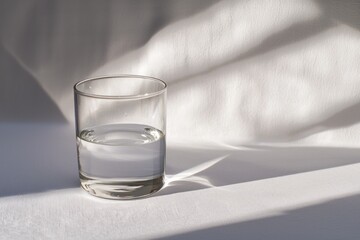 Poster - Serene minimalism clear glass of pristine water on soft white linen with sunlight and shadow artful lighting