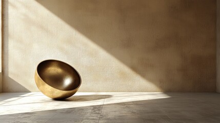 Poster - Golden Hemisphere Bowl on Tiled Floor Against Textured Wall with Sunlight Shadow Interior Still Life