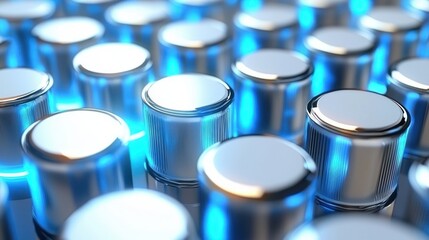 Poster - Metallic Cylinders Arrayed with Blue Light Reflecting Chrome Surfaces Creating a Futuristic Pattern