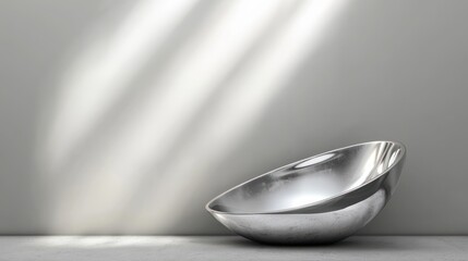Poster - Minimalist Still Life of a Silver Bowl Leaning Against a Wall with Natural Light and Shadow Play in a Studio Setting