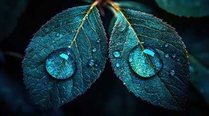Poster - Dew kissed leaves with intricate veins and vibrant color reflecting nature's beauty in a macro shot capturing the essence of life