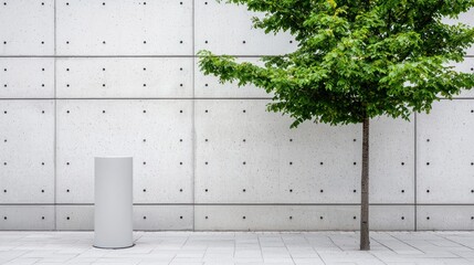 Poster - Serene urban landscape featuring a vibrant green tree against a modern concrete wall with a minimalist cylindrical object creating a peaceful and architectural scene