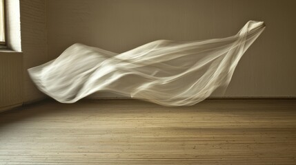 Poster - Ethereal fabric floating in a sunlit room casting shadows on wooden floor creating a serene and peaceful atmosphere with soft light and neutral tones
